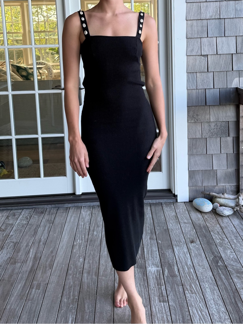 STAUD Black Ribbed Midi Dress with Shell-Accent Straps